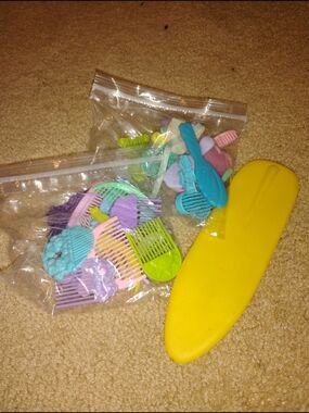 Vintage Assorted Brushes and Combs With Barbie Surfboard